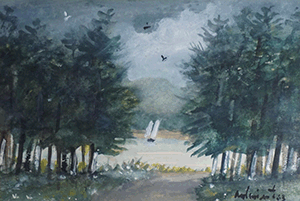 Sailboat on lake trhu the forest